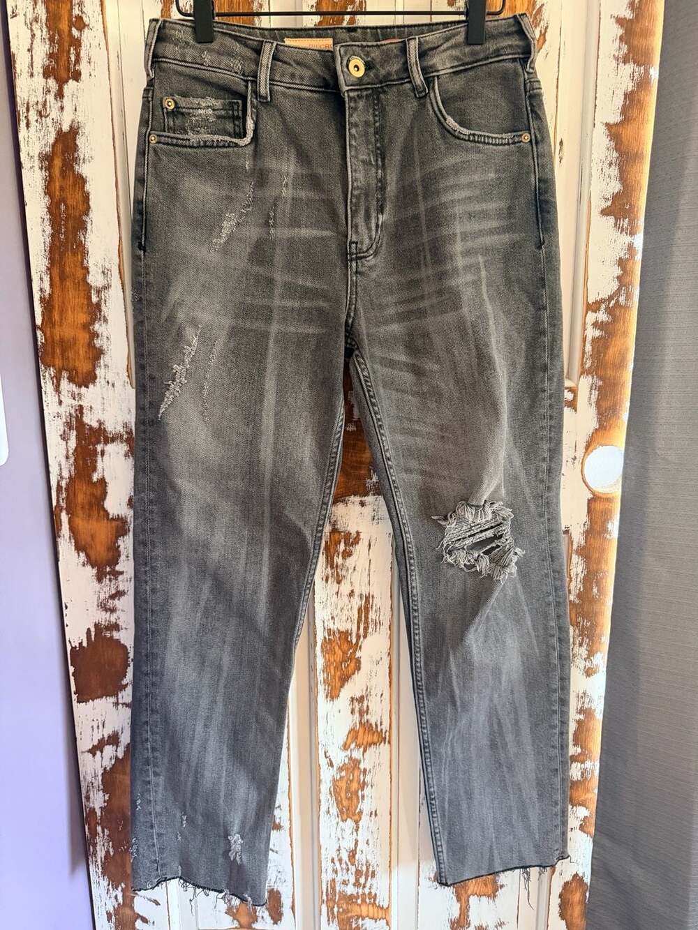 Pilcro The Vintage Straight Jeans Charcoal Grey Size 28 Y2K Distressed Grunge